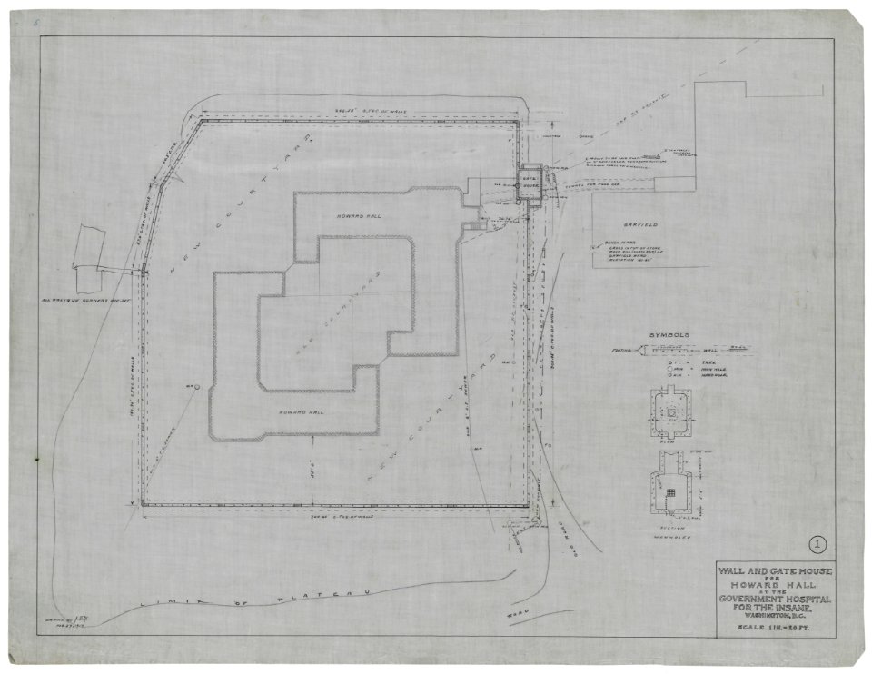 Government Hospital for the Insane (Saint Elizabeths Hospital), Washington, D.C. Howard Hall site plan. Wall and gatehouse design LCCN2016649925