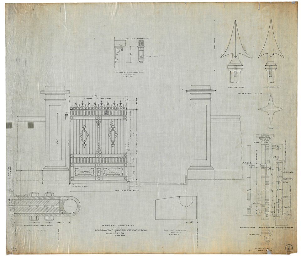 Government Hospital for the Insane (Saint Elizabeths Hospital), Washington, D.C. Iron gates. Elevation, plan, and details LCCN2016649921