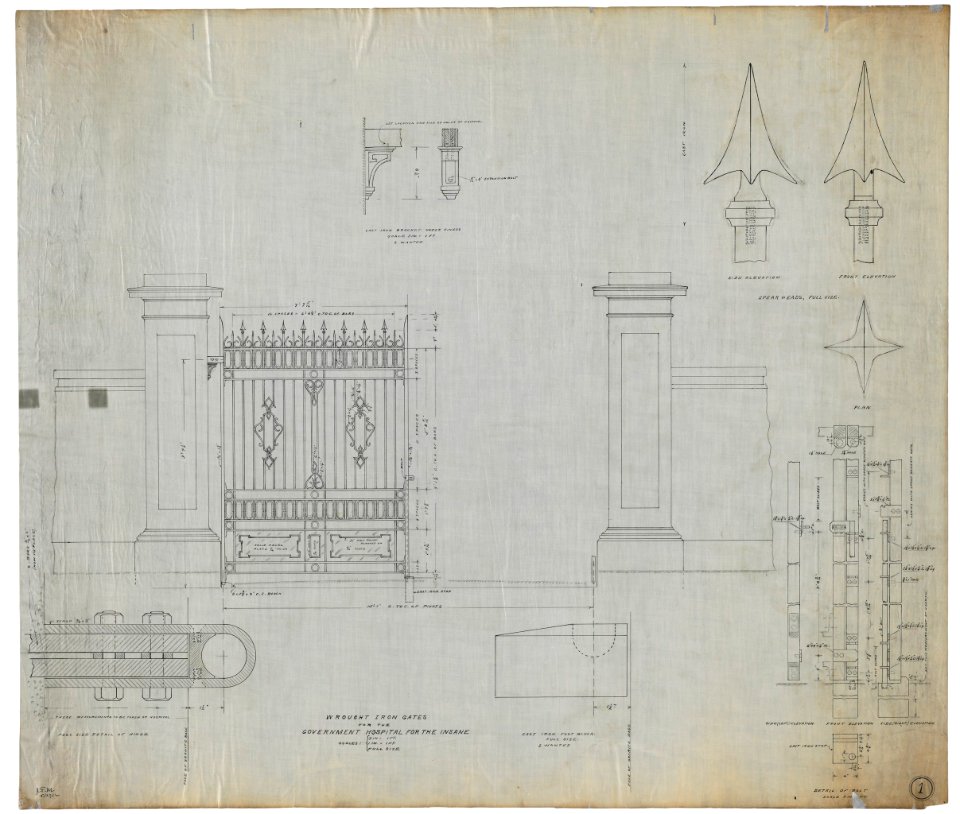 Government Hospital for the Insane (Saint Elizabeths Hospital), Washington, D.C. Iron gates. Elevation, plan, and details LCCN2016649921