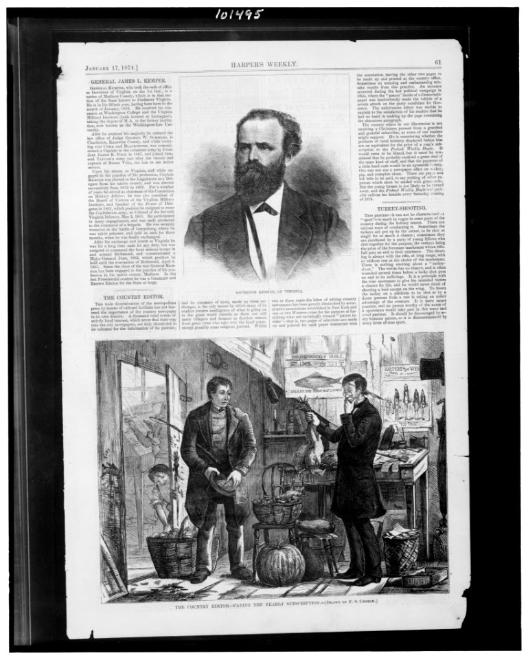 Governor Kemper, of Virginia - The Country editor-paying the yearly subscription - drawn by F.S. Church. LCCN90711642