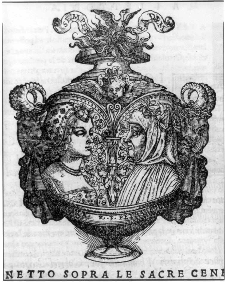 First fol. (reverse) after title page (vase with portraits of Petrarch and Laura) LCCN2005692057