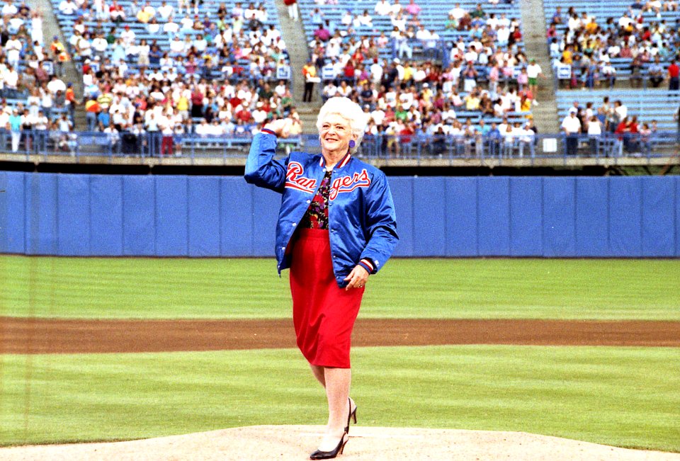 First Lady Barbara Bush Throws the Ceremonial First Pitch of a Texas Rangers Baseball Game