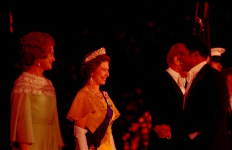 First Lady Betty Ford and Queen Elizabeth II of Great Britain Greeting Baseball Player Willie Mays in the Receiving Line on the South Driveway of the White House Prior to a State Dinner Honoring Her Majesty and Prince Philip