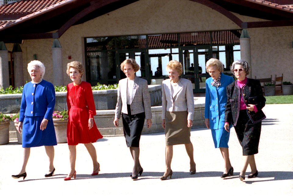 First Ladies Barbara Bush, Nancy Reagan, Rosalynn Carter, Betty Ford, Pat Nixon, and Lady Bird Johnson at the Dedication of the Ronald Reagan Presidential Library