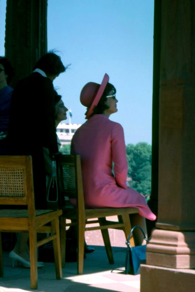 First Lady Jacqueline Kennedy sitting at Vijay Chowk in New Delhi, India