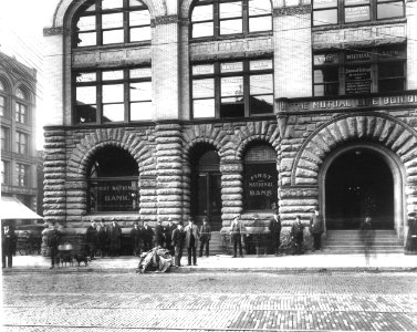 First National Bank in the Mutual Life Building, northwest corner of Yesler Way and 1st Ave, Seattle, 1903 (CURTIS 2047) photo