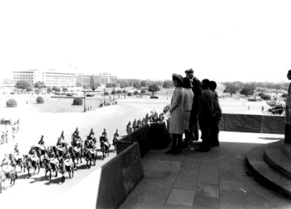 First Lady Jacqueline Kennedy at Vijay Chowk in New Delhi, India (black and white) photo