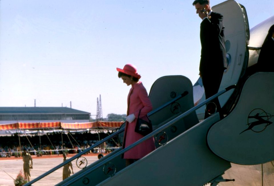 First Lady Jacqueline Kennedy stepping off the plane at New Delhi, India