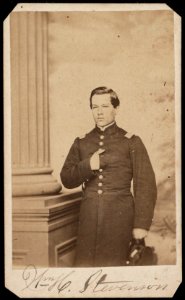 First Lieutenant William H. Stevenson of Co. F, 118th New York Infantry Regiment, in uniform in front of painted backdrop) - Hollyland's Metropolitan Gallery, No. 250 Pennsylvania Avenue, LCCN2017660630