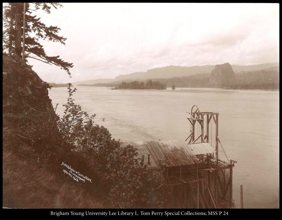 Fish Wheel & Castle Rock Columbia River, C.R. Savage Photo.