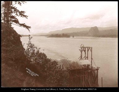 Fish Wheel & Castle Rock Columbia River, C.R. Savage Photo.