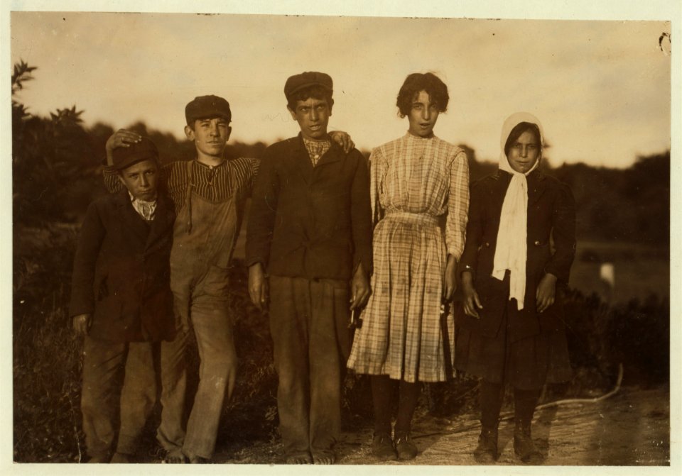 Five cranberry pickers - all cousins. Smallest is Joe Sylva, 618 Water St., New Bedford, said 10 years old. Picks 10 pails a day at 7 cents. Arthur Sylva, said 13 years, picks 30 pails a LOC nclc.00156