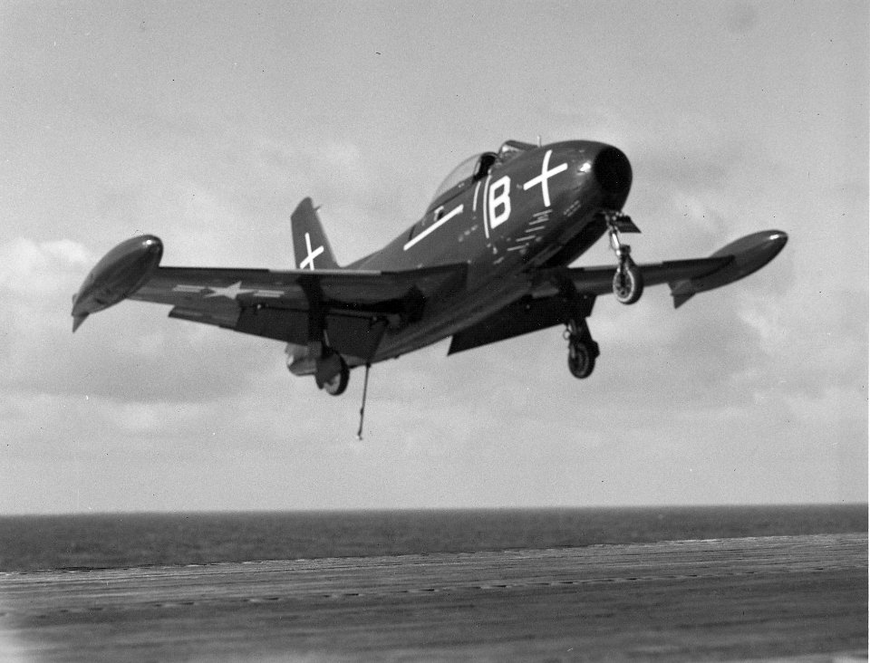 FJ-1 landing on aircraft carrier c1948
