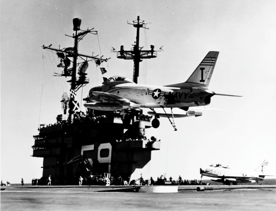 FJ-3 of VF-21 lands on USS Forrestal (CVA-59) in Feburary 1956