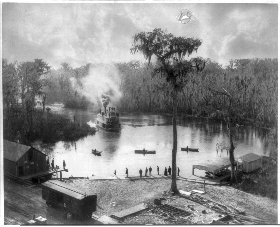 Fla. - Silver Spring - sternwheeler coming into landing; railroad station in left foreground LCCN2006687473