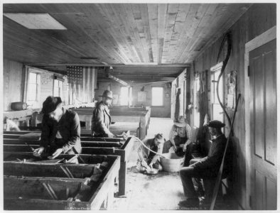 Five men in Fulton Chain Fish Hatcher, Old Forge, N.Y. Tattered U.S. flag hanging from ceiling LCCN2004670945