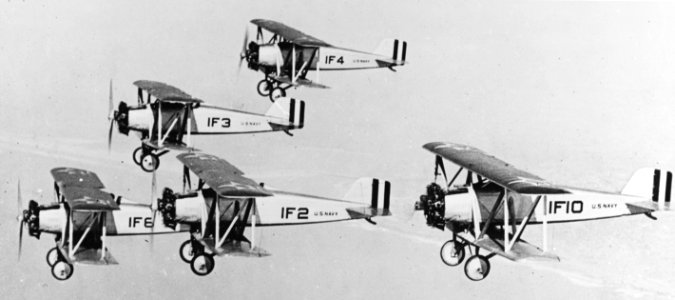 Five Naval Aircraft Factory TS-1 of VF-1 in flight c1925