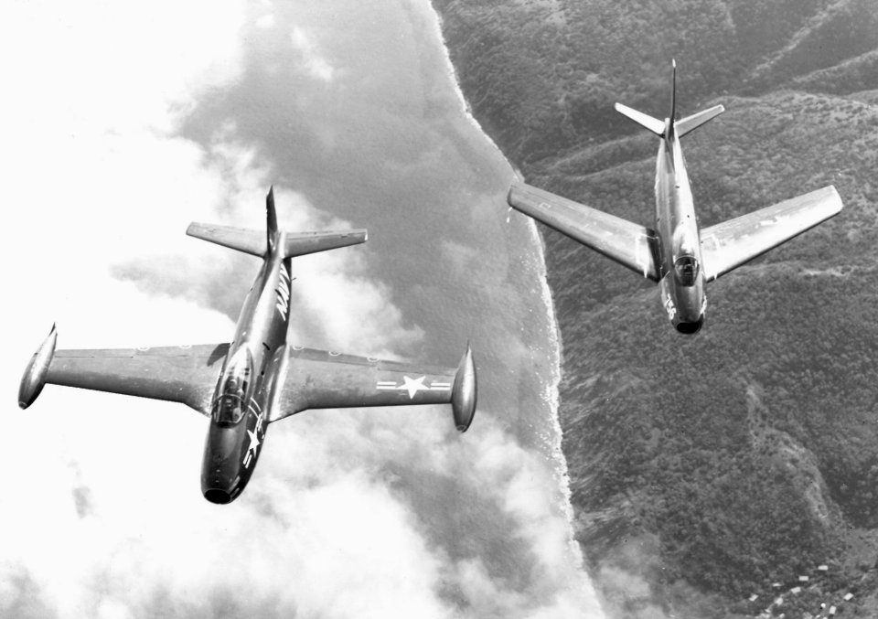 FJ-1 and XFJ-2B in flight c1952