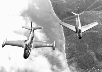 FJ-1 and XFJ-2B in flight c1952