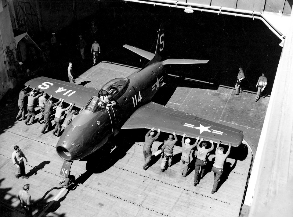 FJ-1 on elevator of USS Boxer (CV-21) 1948