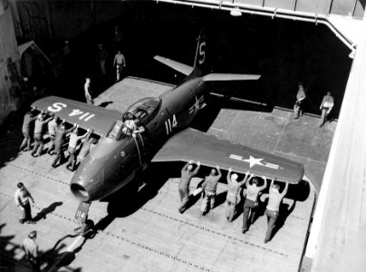 FJ-1 on elevator of USS Boxer (CV-21) 1948