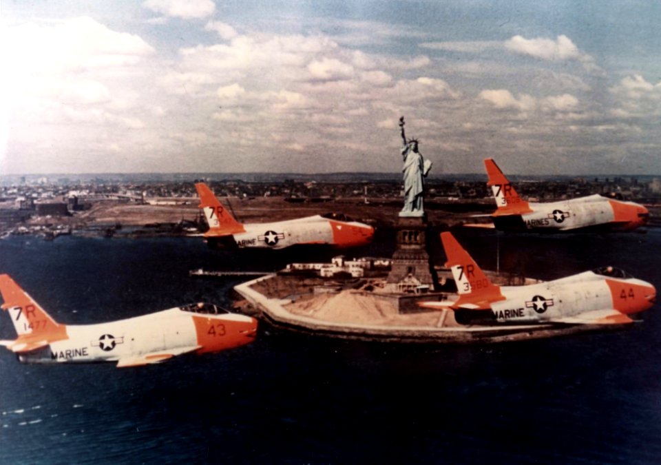 FJ-4s VMA-131 fly past Statue of Liberty c1962