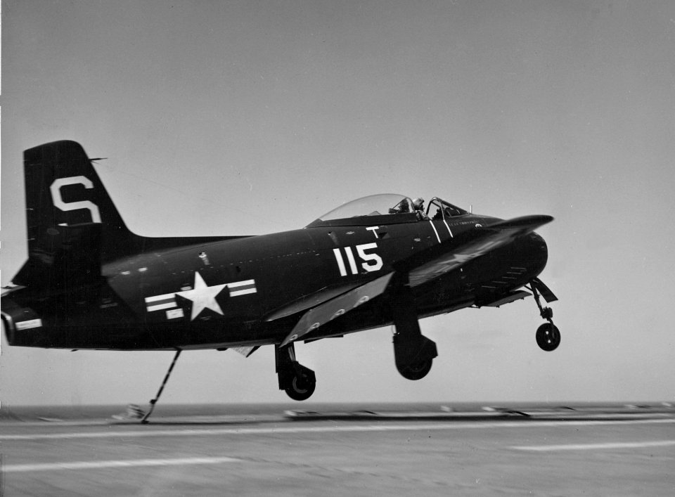 FJ-1 VF-5A landing on USS Boxer (CV-21) 1948