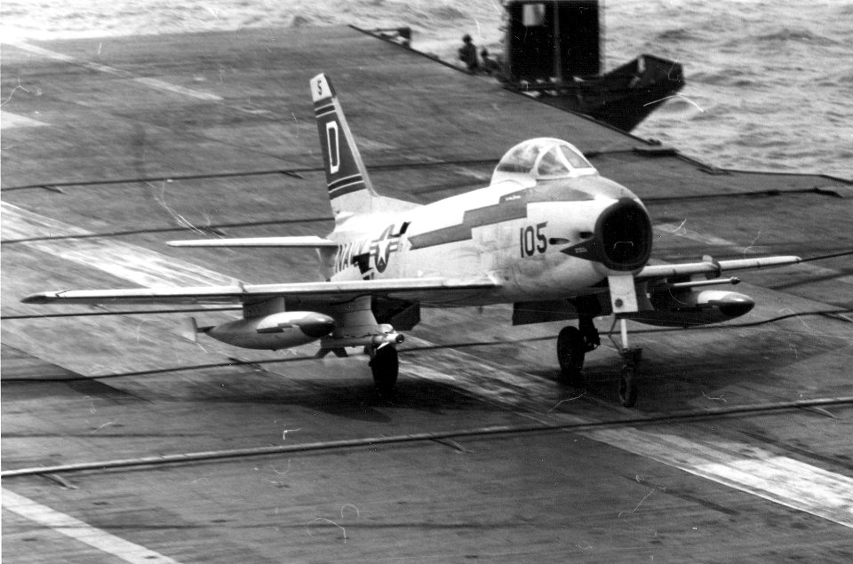 FJ-3M VF-121 landing on USS Lexington (CVA-16) 1957