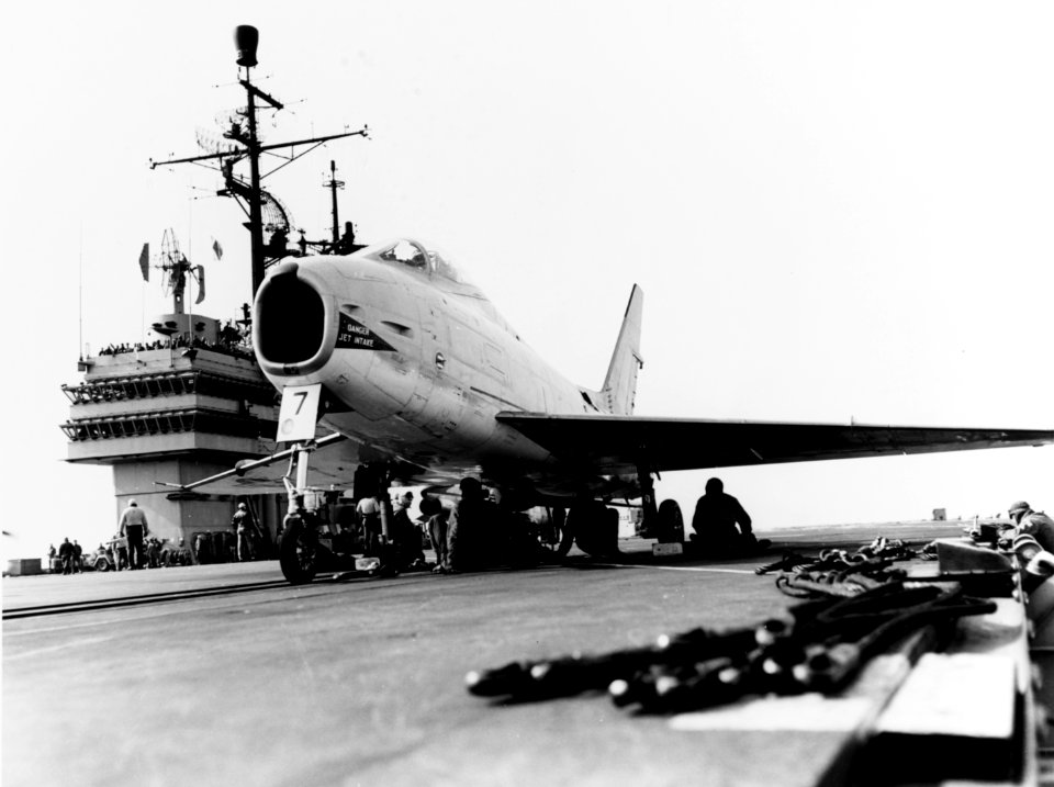 FJ-4 Fury on catapult of USS Forrestal (CVA-59) in April 1956