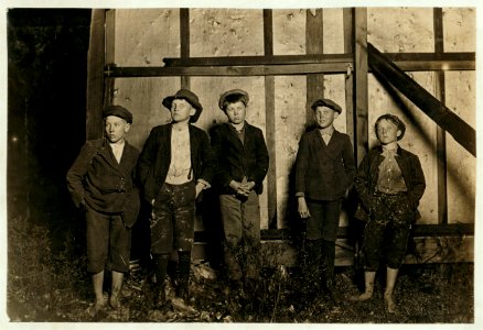 Flashlight photos of 5 boys who work in Augusta (Ga.) cotton mill. Supt. refused to let me go through the mill so I went there at 6 P.M. and under cover of darkness got these boys as they LOC cph.3c06696