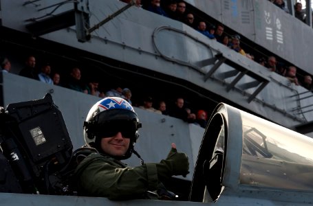 Flickr - Official U.S. Navy Imagery - A pilot gives a thumbs-up as Tiger Cruise participants on vultures row watch.