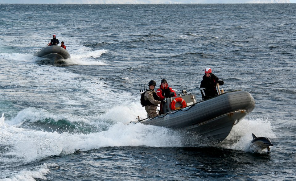 Flickr - Official U.S. Navy Imagery - A porpoise swims with a Navy small boat.