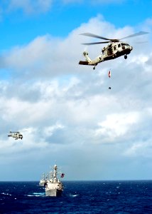 Flickr - Official U.S. Navy Imagery - A helicopter carries an American flag during an air power demonstration for participants of a tiger cruise.