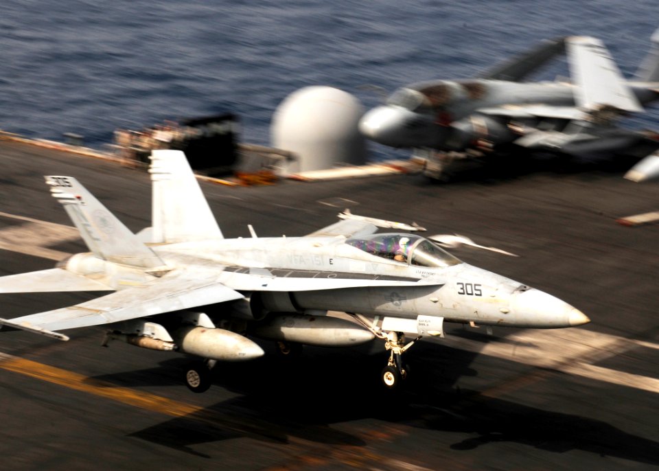 Flickr - Official U.S. Navy Imagery - A jet prepares to trap the arresting wire.