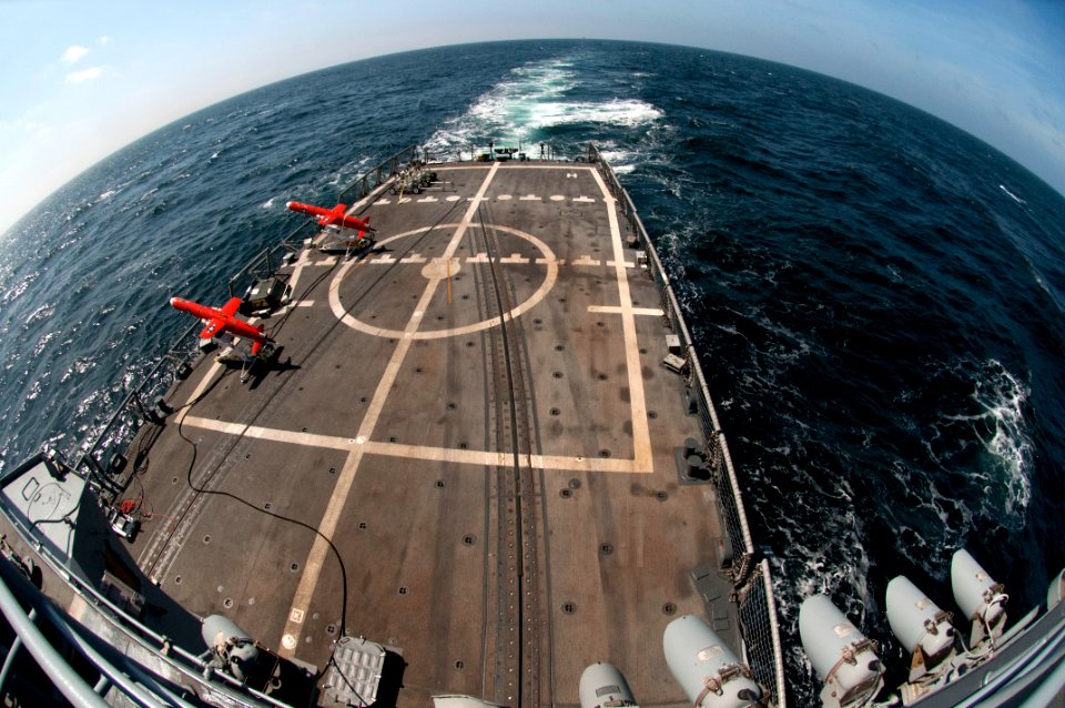 Flickr - Official U.S. Navy Imagery - A pair of drones are in position for a launch from the flight deck of USS Underwood.