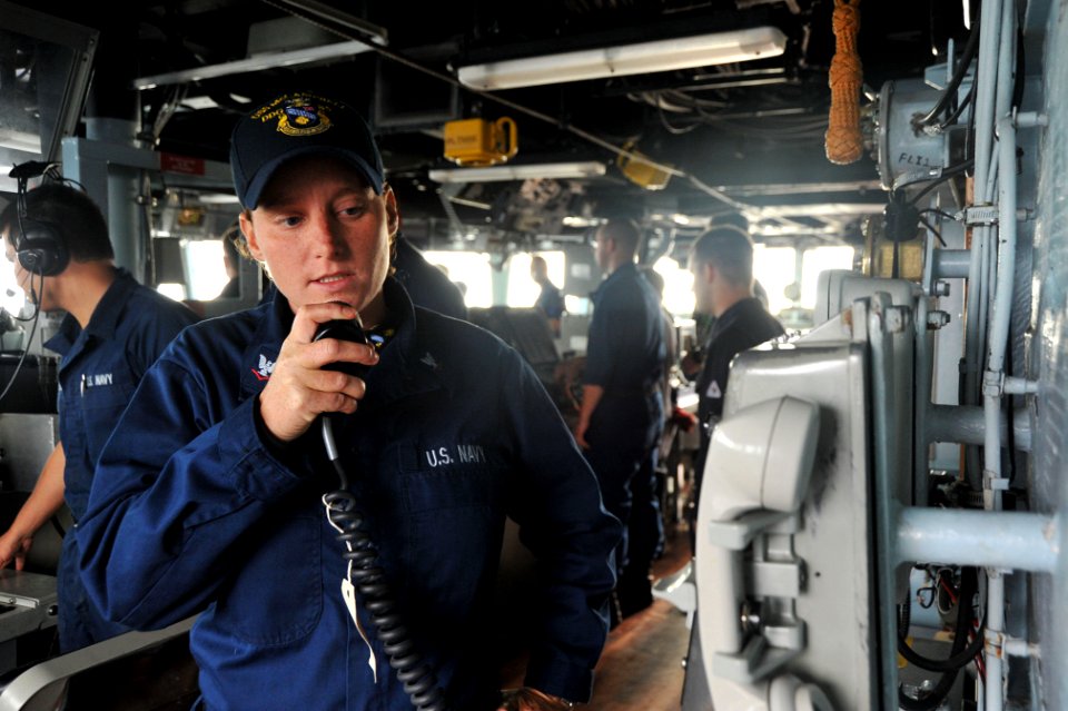 Flickr - Official U.S. Navy Imagery - A Sailor makes an announcement to the crew.