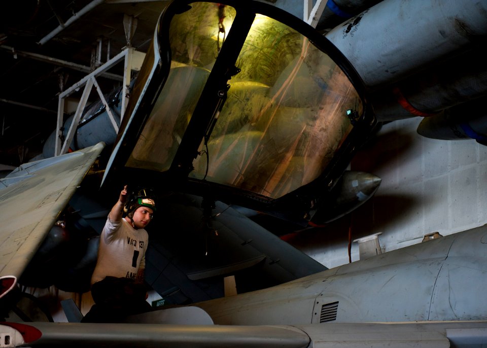 Flickr - Official U.S. Navy Imagery - A Sailor guides the canopy of an EA-6B Prowler.