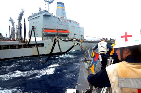 Flickr - Official U.S. Navy Imagery - A Sailor looks on as a refueling probe pumps fuel into the ship during a replenishment at sea.