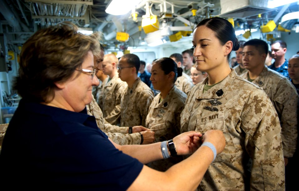 Flickr - Official U.S. Navy Imagery - A Tiger Cruise participant pins her daughter's Aviation Warfare Specialist breast insignia during a ceremony.