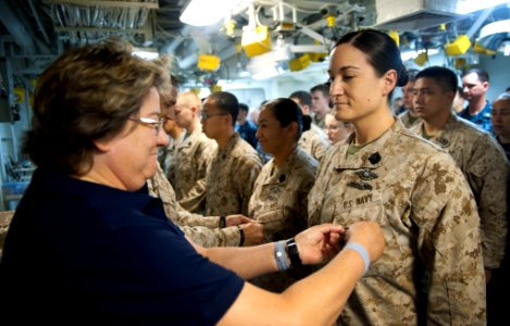 Flickr - Official U.S. Navy Imagery - A Tiger Cruise participant pins her daughter's Aviation Warfare Specialist breast insignia during a ceremony.