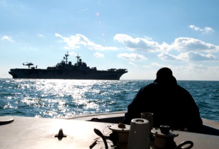 Flickr - Official U.S. Navy Imagery - Ensign Jonathan L. Harris looks at the amphibious assault ship USS Wasp.