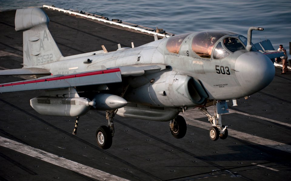 Flickr - Official U.S. Navy Imagery - AN EA-6B Prowler lands aboard USS Carl Vinson.