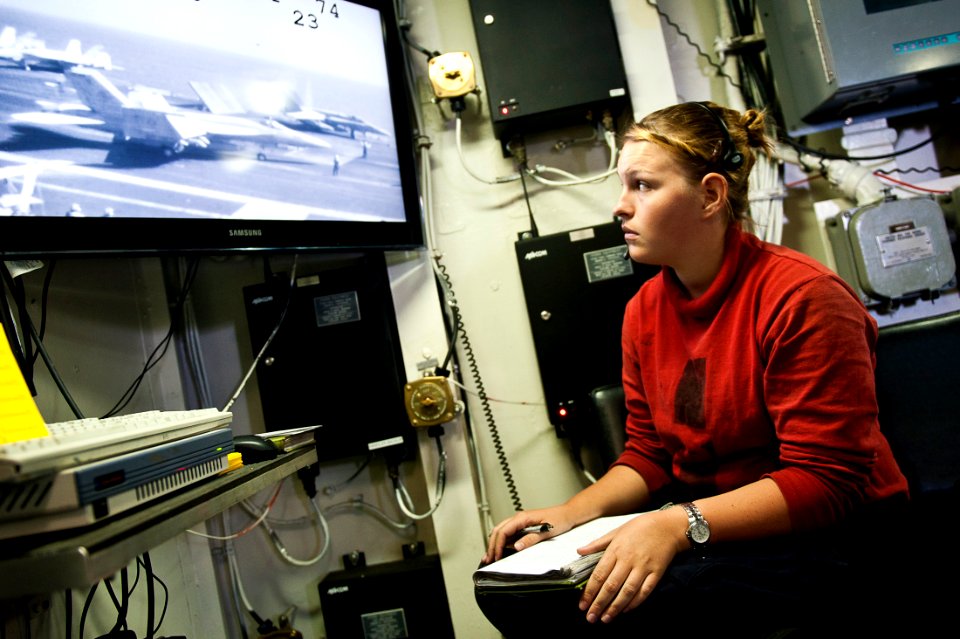 Flickr - Official U.S. Navy Imagery - Aviation Ordnanceman Airman Bailey McCulley tracks ordnance from flight deck control aboard USS John C. Stennis (CVN 74).