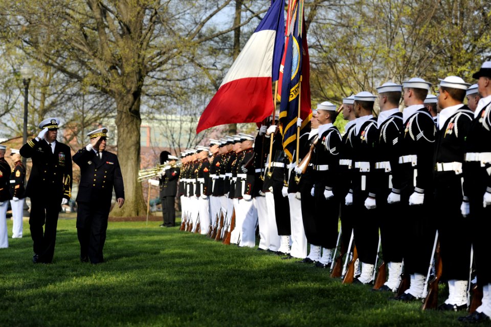 Flickr - Official U.S. Navy Imagery - French Chief of Naval Staff Adm. Bernard Rogel, right, salutes the colors during a troop inspection.