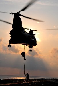 Flickr - Official U.S. Navy Imagery - Marines on USS Boxer drop out of helicopter during exercise.