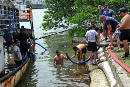 Flickr - Official U.S. Navy Imagery - Navy divers prime a dewatering pump with the help of the Guatemalan divers during a training salvage mission.