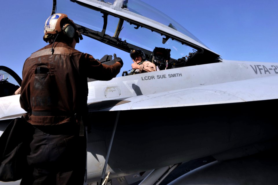 Flickr - Official U.S. Navy Imagery - Navy plane captain signals that jet is ready for takeoff.
