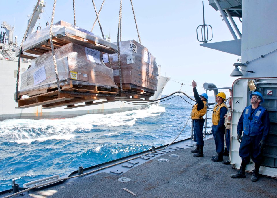 Flickr - Official U.S. Navy Imagery - Sailors aboard the Ticonderoga-class guided-missile cruiser USS Cape St. George reel in supplies.