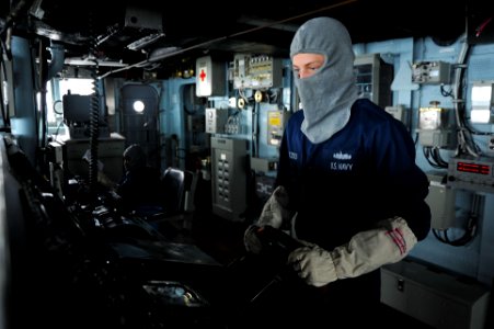 Flickr - Official U.S. Navy Imagery - Sailor drives the ship during a drill.