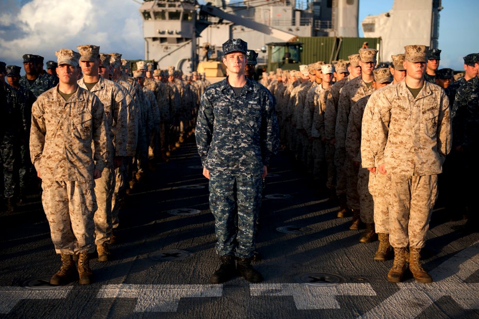 Flickr - Official U.S. Navy Imagery - Sailors and Marines stand at attention aboard USS Pearl Harbor during a commemoration of the 70th anniversary of the Battle of Midway.